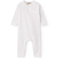 MarMar Copenhagen Rulo Jumpsuit white baby onesie with wrap front, snap buttons and delicate pink micro floral print.