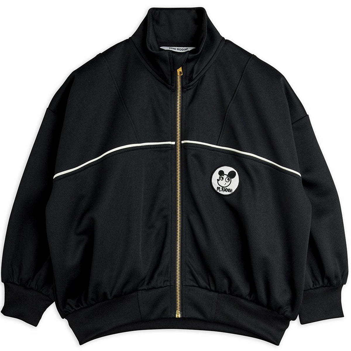 Mini Rodini black tracksuit jacket with front zip, white piping and Ritzratz chest patch logo
