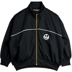 Mini Rodini black tracksuit jacket with front zip, white piping and Ritzratz chest patch logo