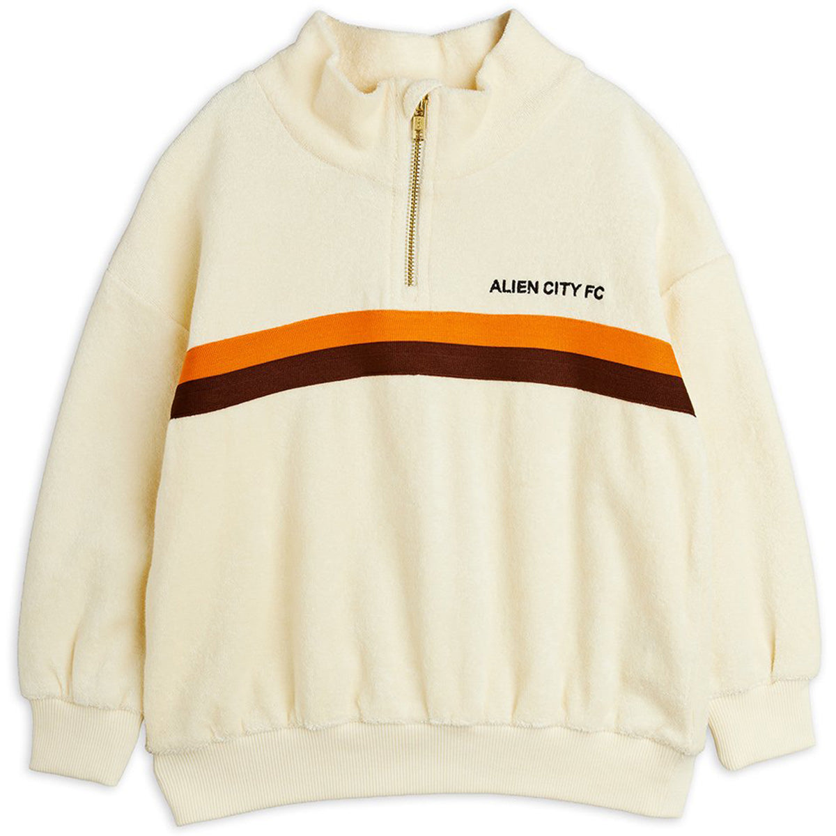 Mini Rodini Alien City FC half zip sweatshirt in cream with orange and brown stripe detail