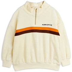 Mini Rodini Alien City FC half zip sweatshirt in cream with orange and brown stripe detail