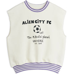 Mini Rodini Alien City FC sweat tank in cream with football print and striped ribbed neckline