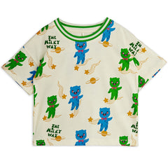 Mini Rodini Aliens Print tee in organic cotton with colorful alien and The Milky Way all-over print