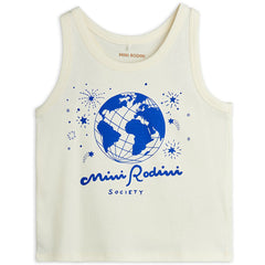 Mini Rodini Society cream tank top with blue globe and logo print on front