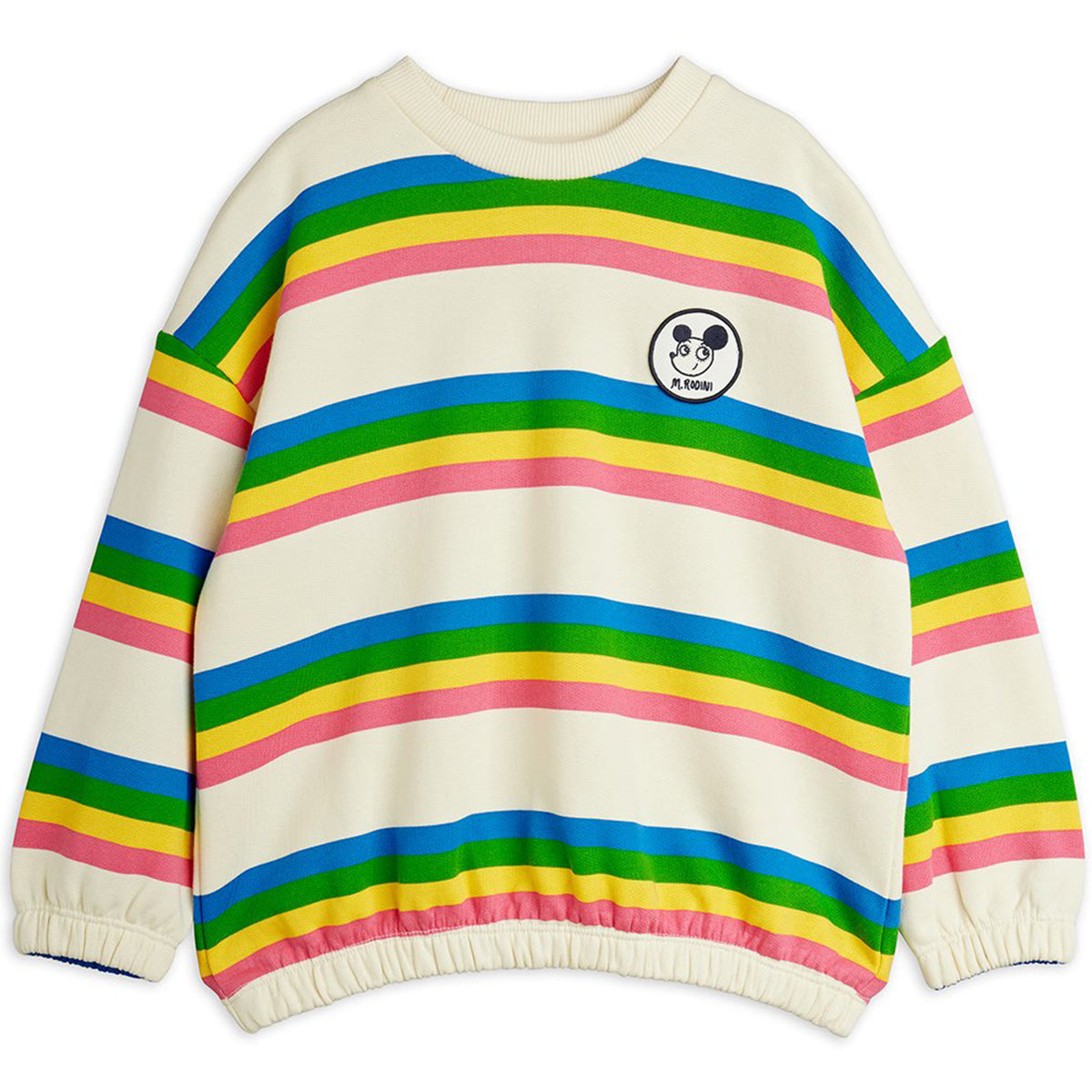 Mini Rodini cream sweatshirt with colorful stripes and Ritzratz chest patch logo