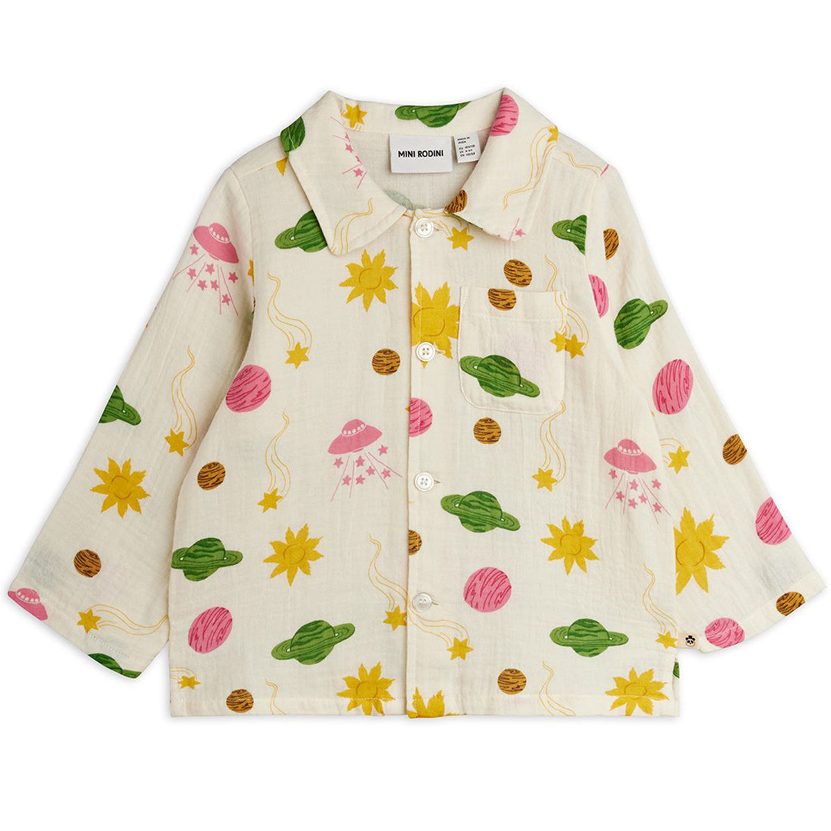 Mini Rodini cream muslin shirt with colorful space print, long sleeves and front buttons