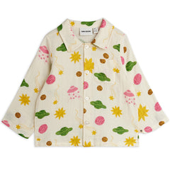 Mini Rodini cream muslin shirt with colorful space print, long sleeves and front buttons
