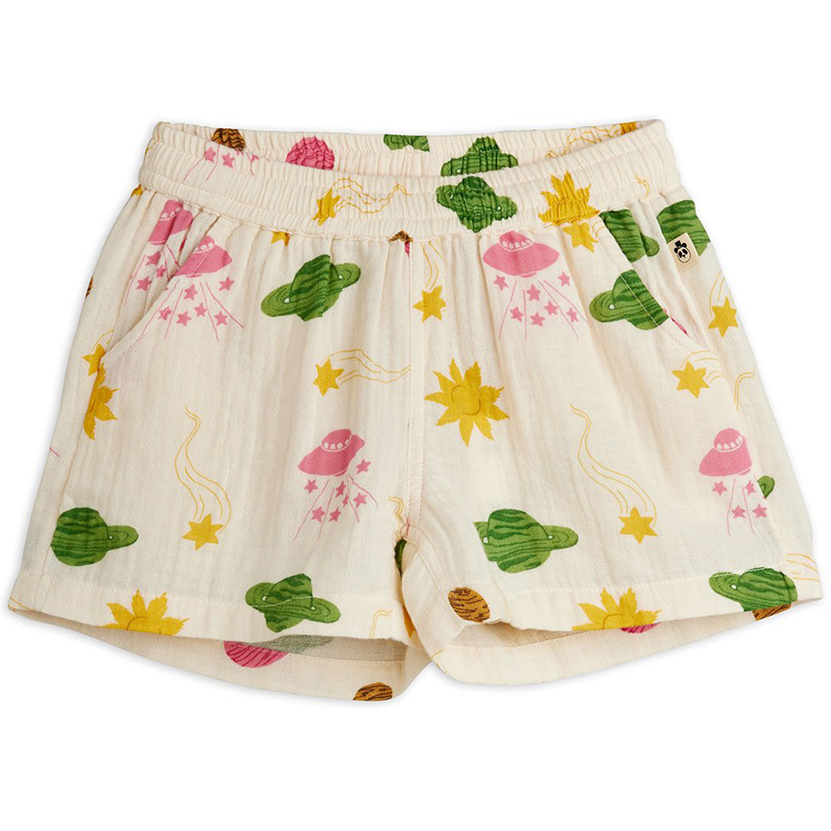 Mini Rodini cream muslin shorts with colorful space print and elastic waistband