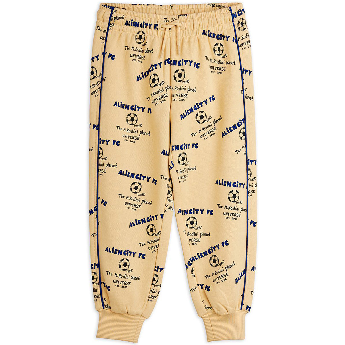 Mini Rodini Alien City FC beige sweatpants with blue soccer print and elastic waistband