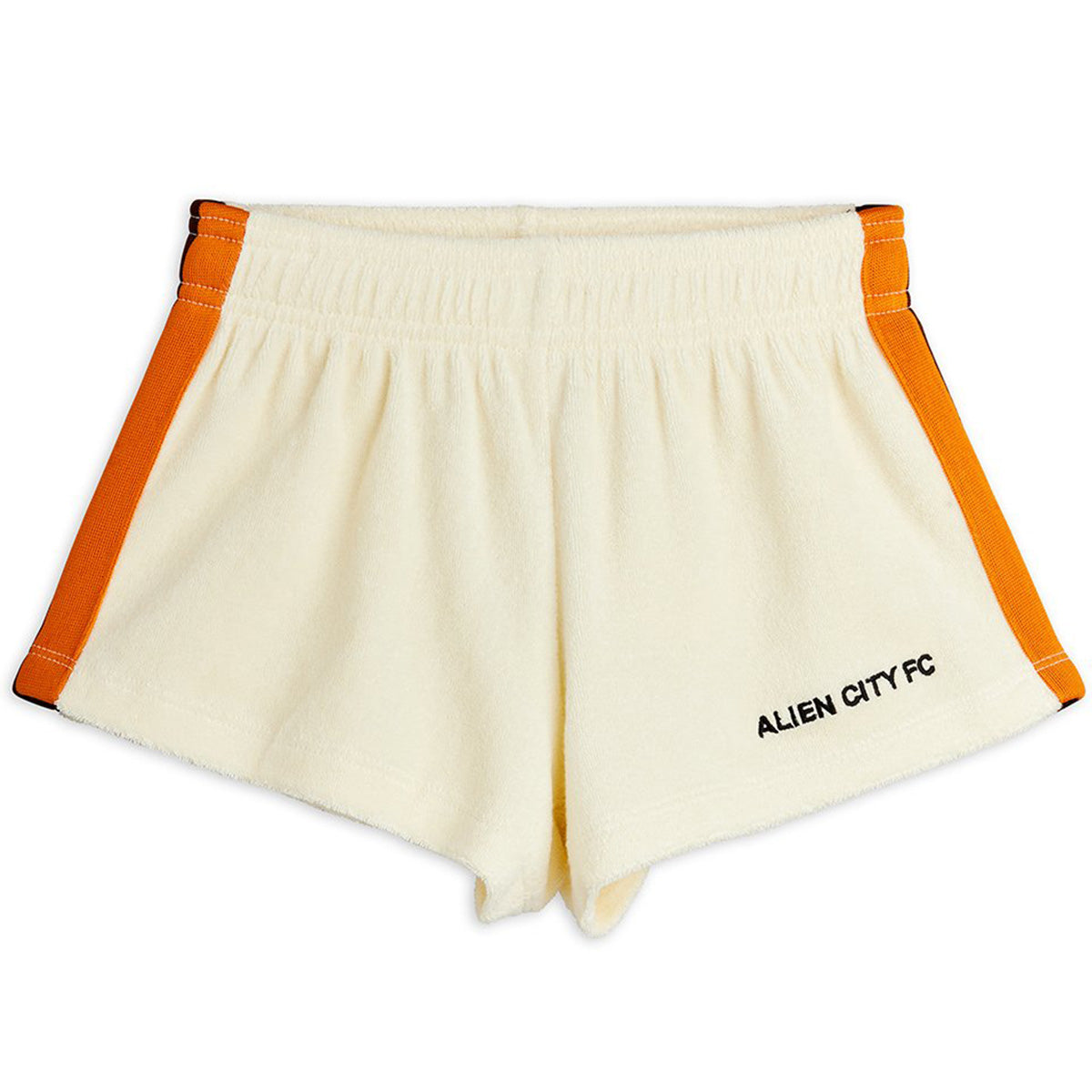 Mini Rodini Alien City FC cream sweatshorts with orange side stripes and logo print