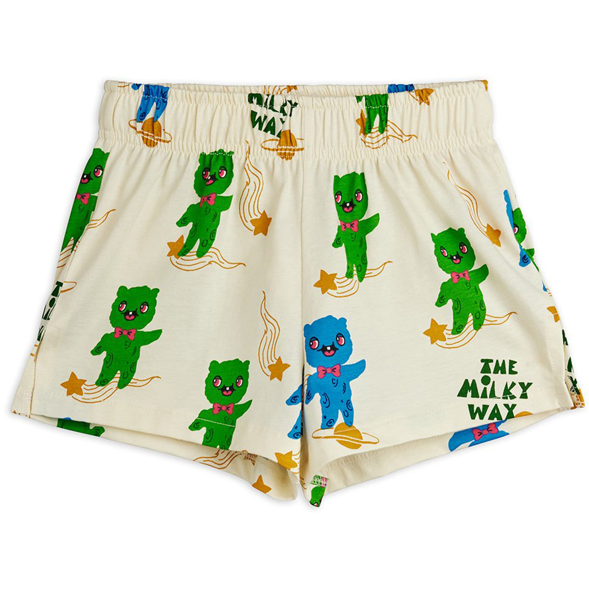 Mini Rodini Aliens Print shorts in organic cotton with alien and The Milky Way all-over print and elastic waistband