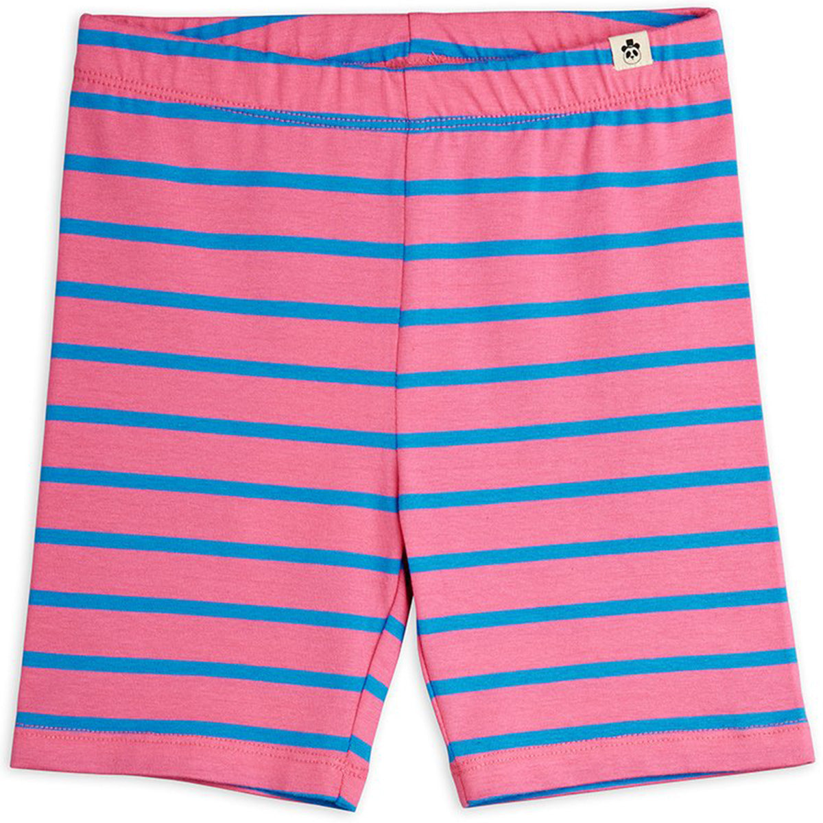 Mini Rodini pink bike shorts with blue stripes and elastic waistband