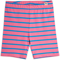 Mini Rodini pink bike shorts with blue stripes and elastic waistband