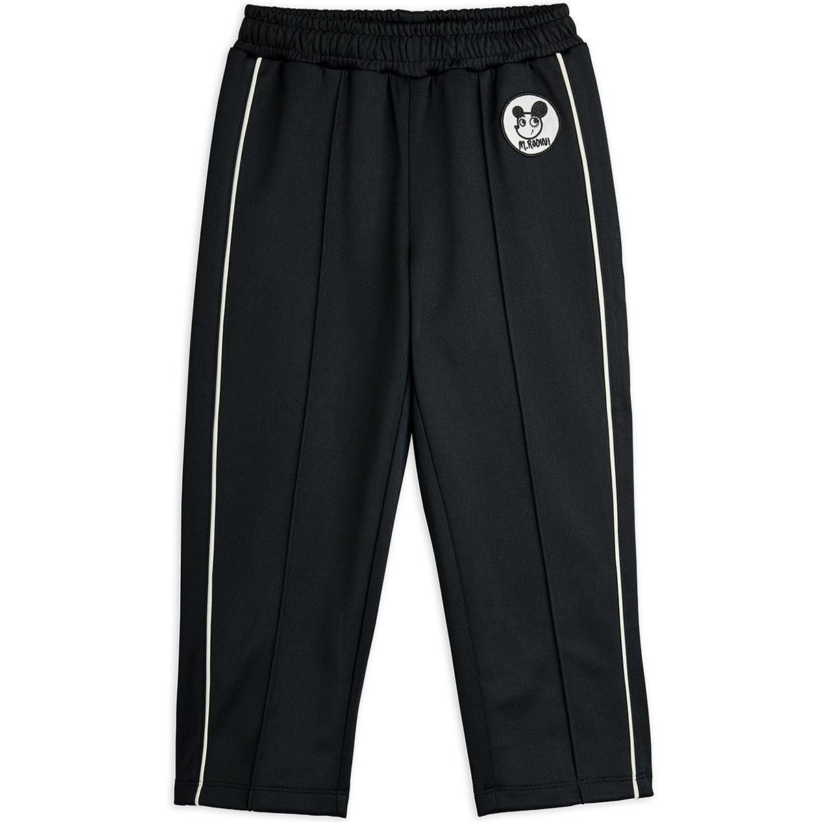 Mini Rodini Ritzratz black track pants with white side piping and elastic waistband