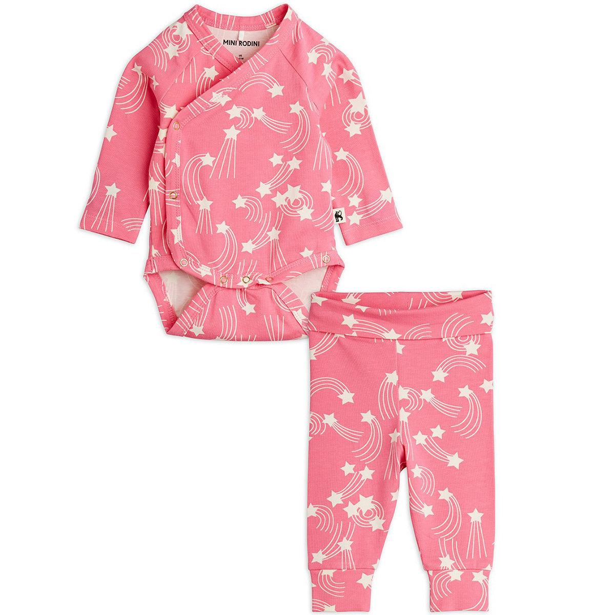 Mini Rodini pink baby set with white shooting star print, wrap bodysuit and matching leggings