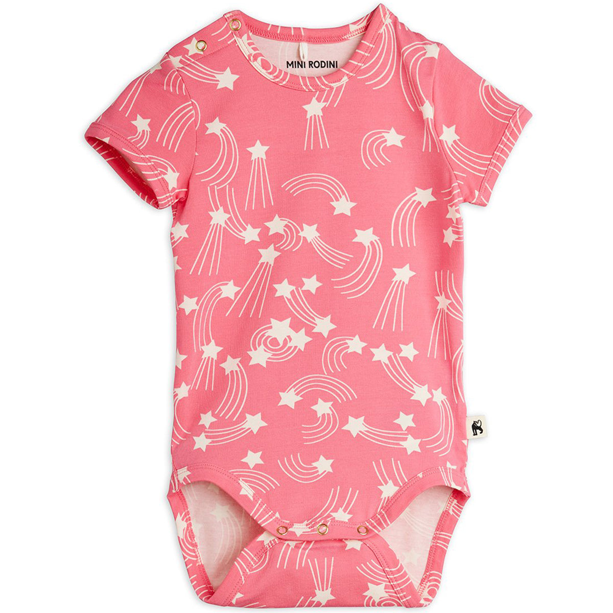 Mini Rodini pink baby bodysuit with white shooting star print and snap closures