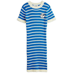 Mini Rodini Ritzratz blue and cream striped ribbed dress with short sleeves and panda patch
