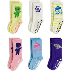 Mini Rodini 6-pack kids socks with alien and space motifs in assorted colors with anti-slip soles