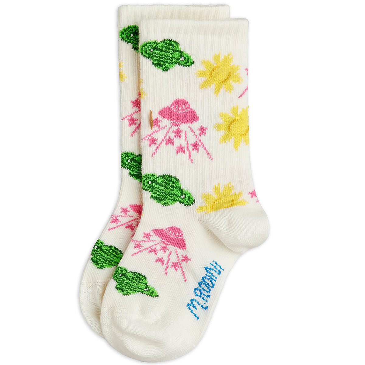 Mini Rodini cream socks with colorful space print including planets and UFO motifs