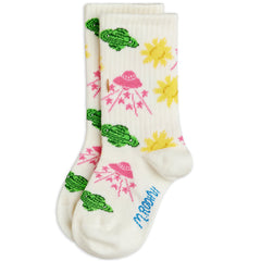 Mini Rodini cream socks with colorful space print including planets and UFO motifs