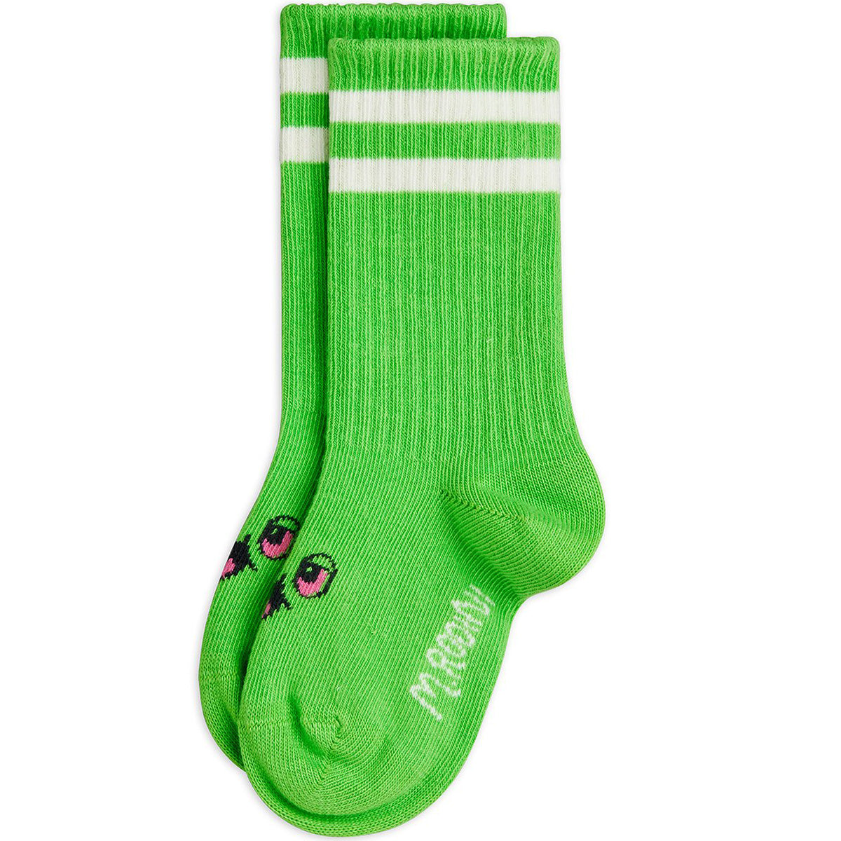 Mini Rodini green baby socks with white stripes and alien face motif