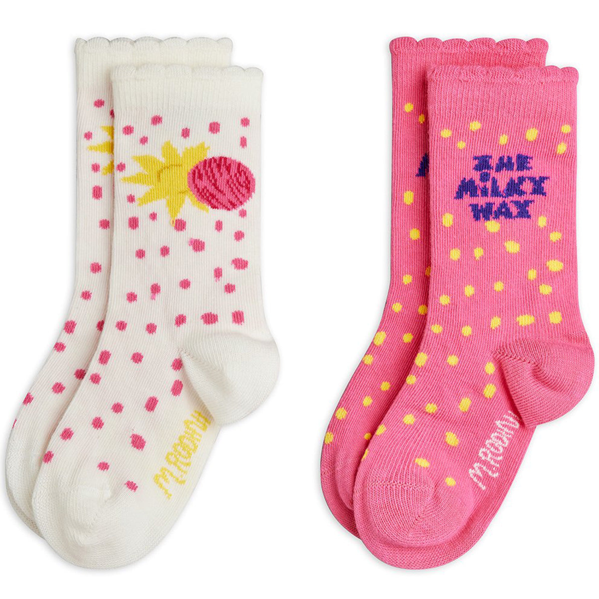Mini Rodini two-pack socks, cream with pineapple print and pink with yellow dots and logo text