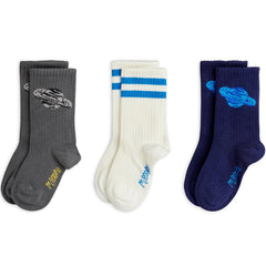 Mini Rodini three-pack socks in grey, cream, and navy with planet motifs and stripe detail