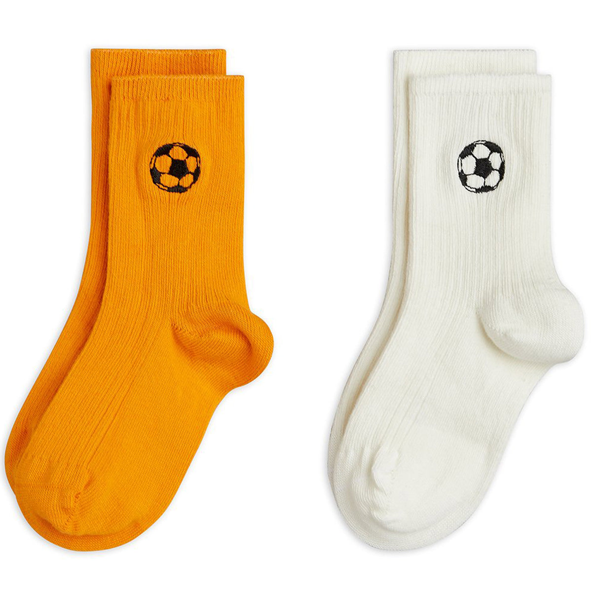 Mini Rodini two-pack ribbed socks in orange and cream with black football motif