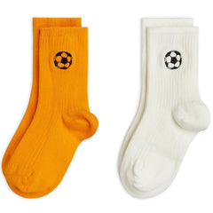 Mini Rodini two-pack ribbed socks in orange and cream with black football motif