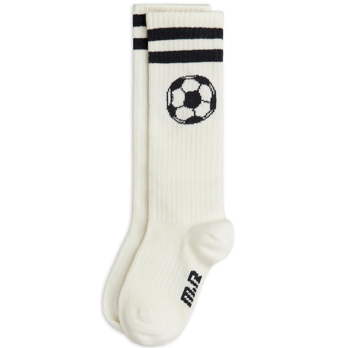 Mini Rodini cream knee-high socks with black stripes and football motif