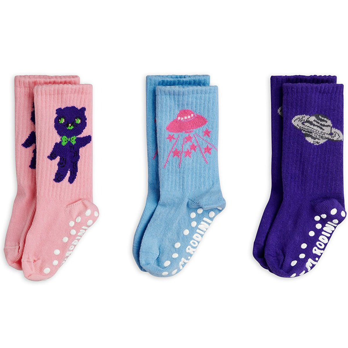 Mini Rodini three-pack kids socks in pink, blue, and purple with space motifs and anti-slip soles