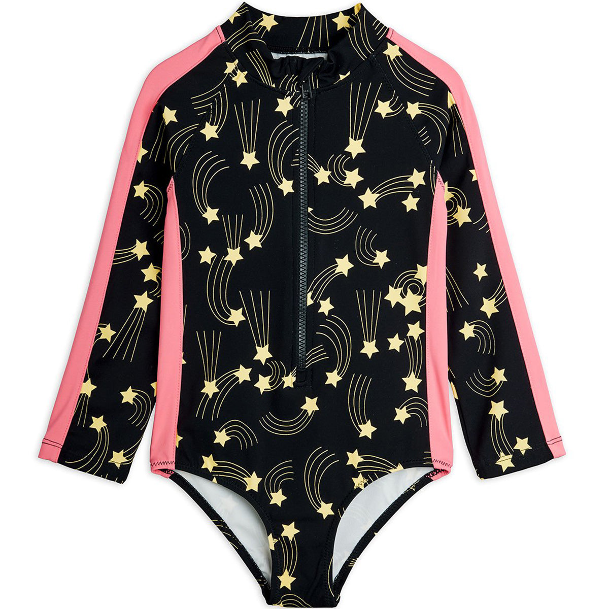Mini Rodini Starfall black long sleeve UV swimsuit with yellow star print and pink side panels