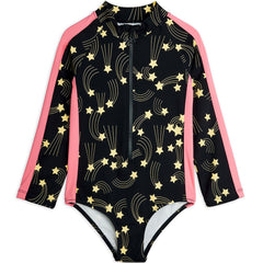 Mini Rodini Starfall black long sleeve UV swimsuit with yellow star print and pink side panels