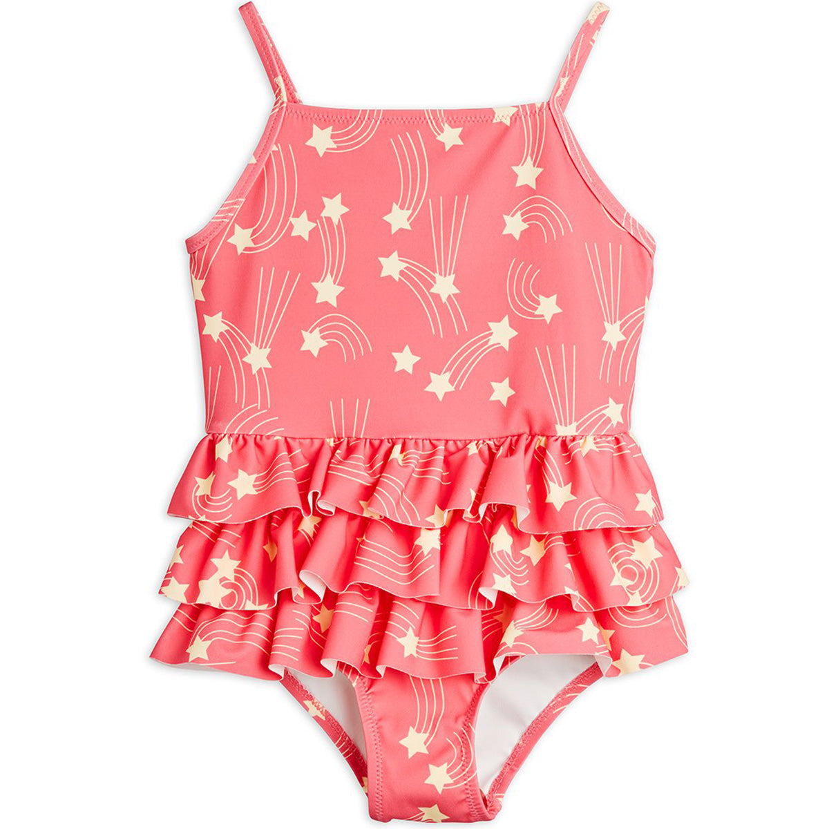 Mini Rodini Starfall pink swimsuit with cream star print and layered ruffle skirt