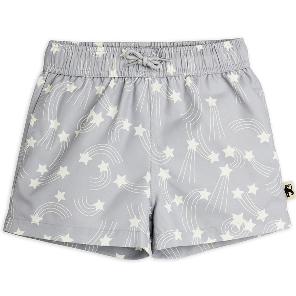 Mini Rodini Starfall grey swim shorts with white shooting star print and drawstring waist
