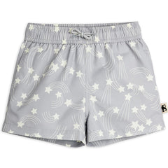 Mini Rodini Starfall grey swim shorts with white shooting star print and drawstring waist