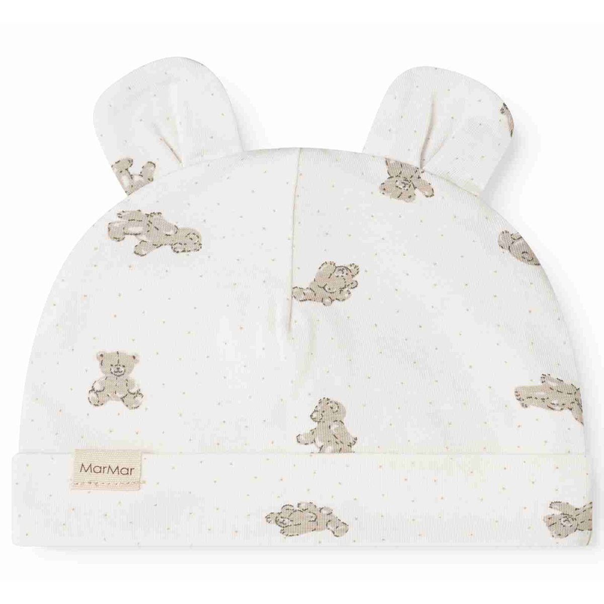 MarMar Copenhagen Aiko Ear Beanie in white with bunny ears, teddy bear print, and soft folded brim