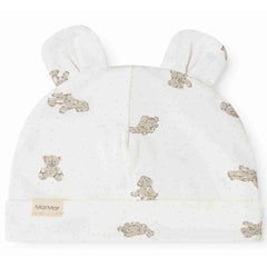 MarMar Copenhagen Aiko Ear Beanie in white with bunny ears, teddy bear print, and soft folded brim
