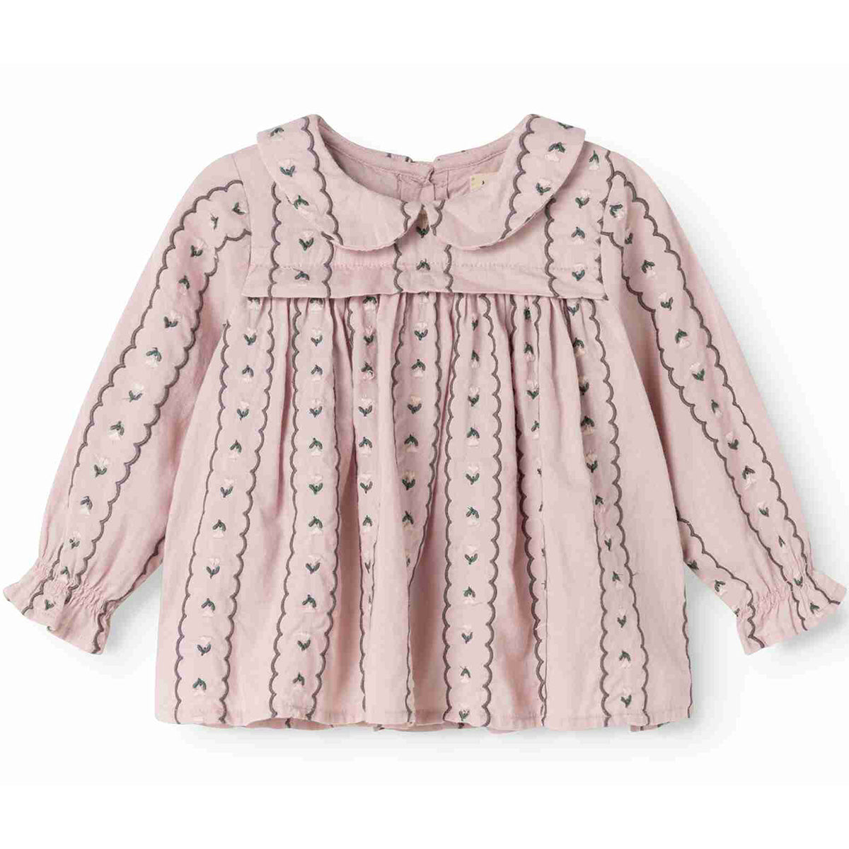 MarMar Copenhagen Tora Blouse in dusty pink with bird embroidery, Peter Pan collar, and smocked cuffs