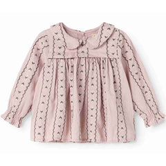 MarMar Copenhagen Tora Blouse in dusty pink with bird embroidery, Peter Pan collar, and smocked cuffs