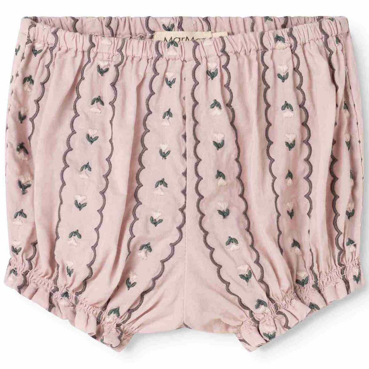 MarMar Copenhagen Pava Bloomers in pink with embroidered floral details, elastic waist, and ruffled hems