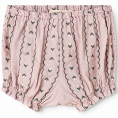 MarMar Copenhagen Pava Bloomers in pink with embroidered floral details, elastic waist, and ruffled hems