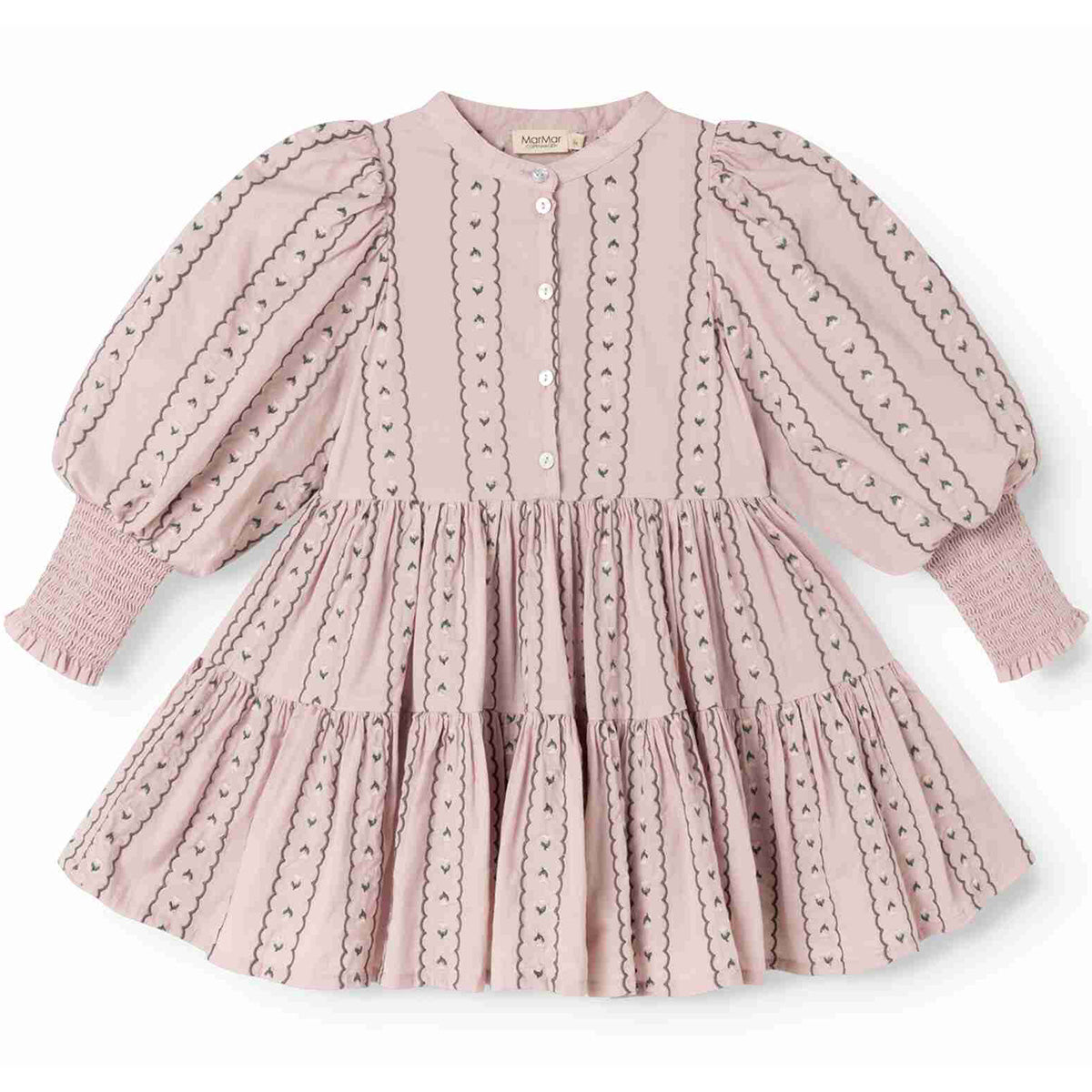 MarMar Copenhagen Dela Dress in pink with embroidered details, puff sleeves, button neckline, and long sleeves