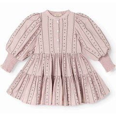 MarMar Copenhagen Dela Dress in pink with embroidered details, puff sleeves, button neckline, and long sleeves