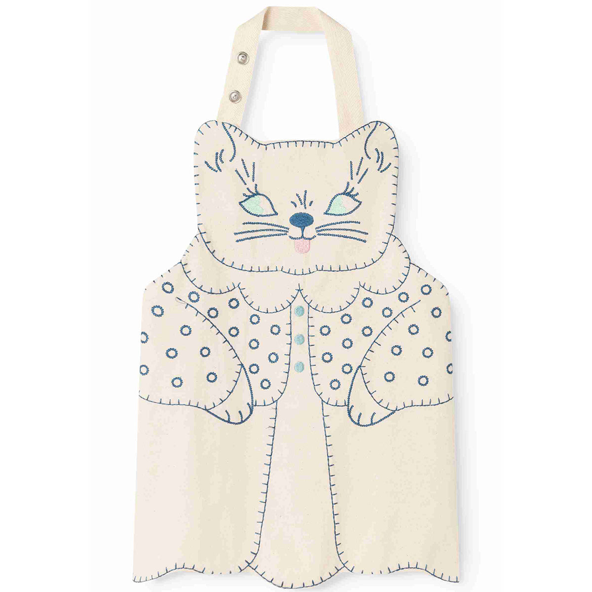 MarMar Copenhagen Kitty Apron in off white with embroidered cat motif, neck strap, and snap button closure