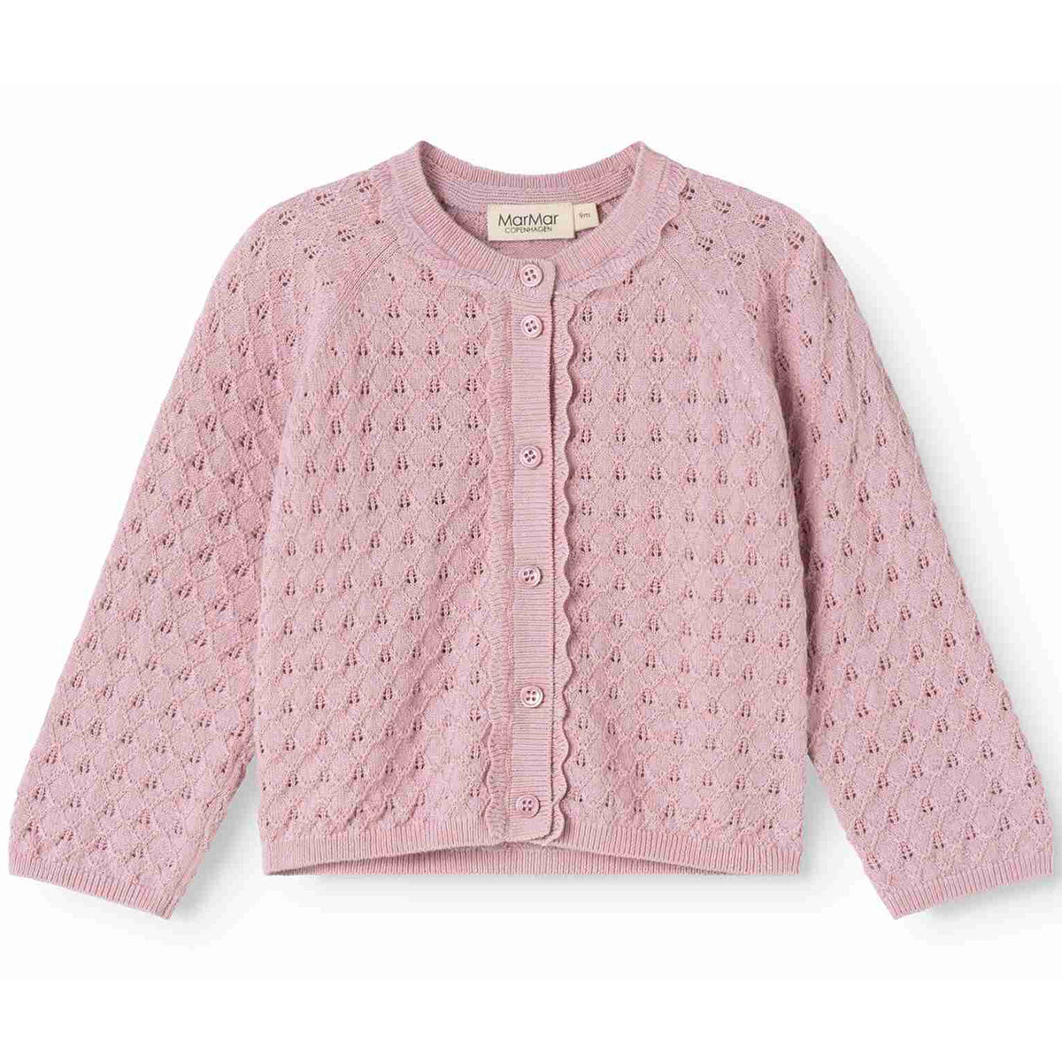 MarMar Copenhagen Totti Knit Cardigan in pink with bubble knit texture, scalloped button placket, and round neck