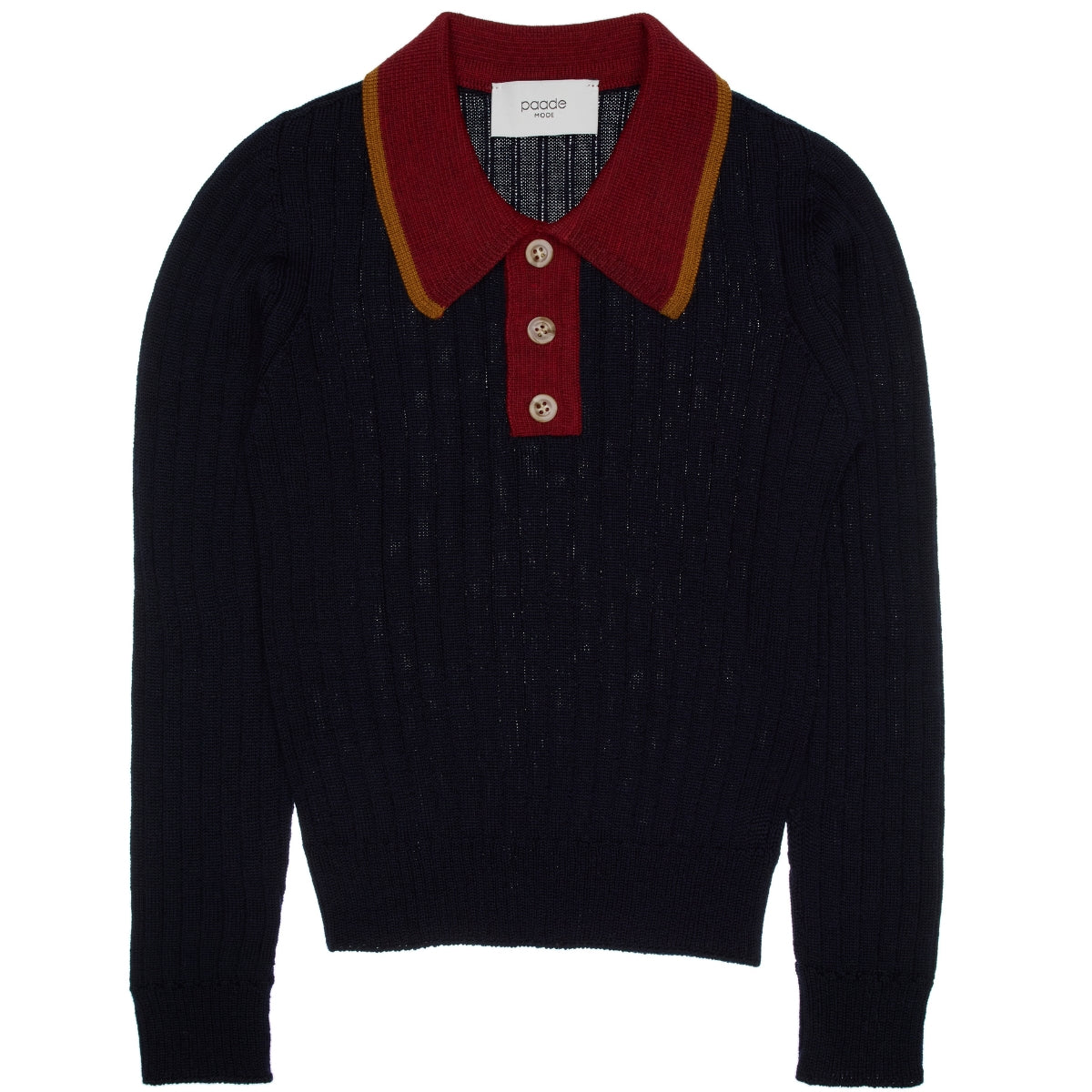 Paade Mode Theo Merino Wool Polo Shirt Classic in navy fine knit featuring a burgundy polo collar with camel edge trim.