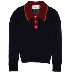 Paade Mode Theo Merino Wool Polo Shirt Classic in navy fine knit featuring a burgundy polo collar with camel edge trim.