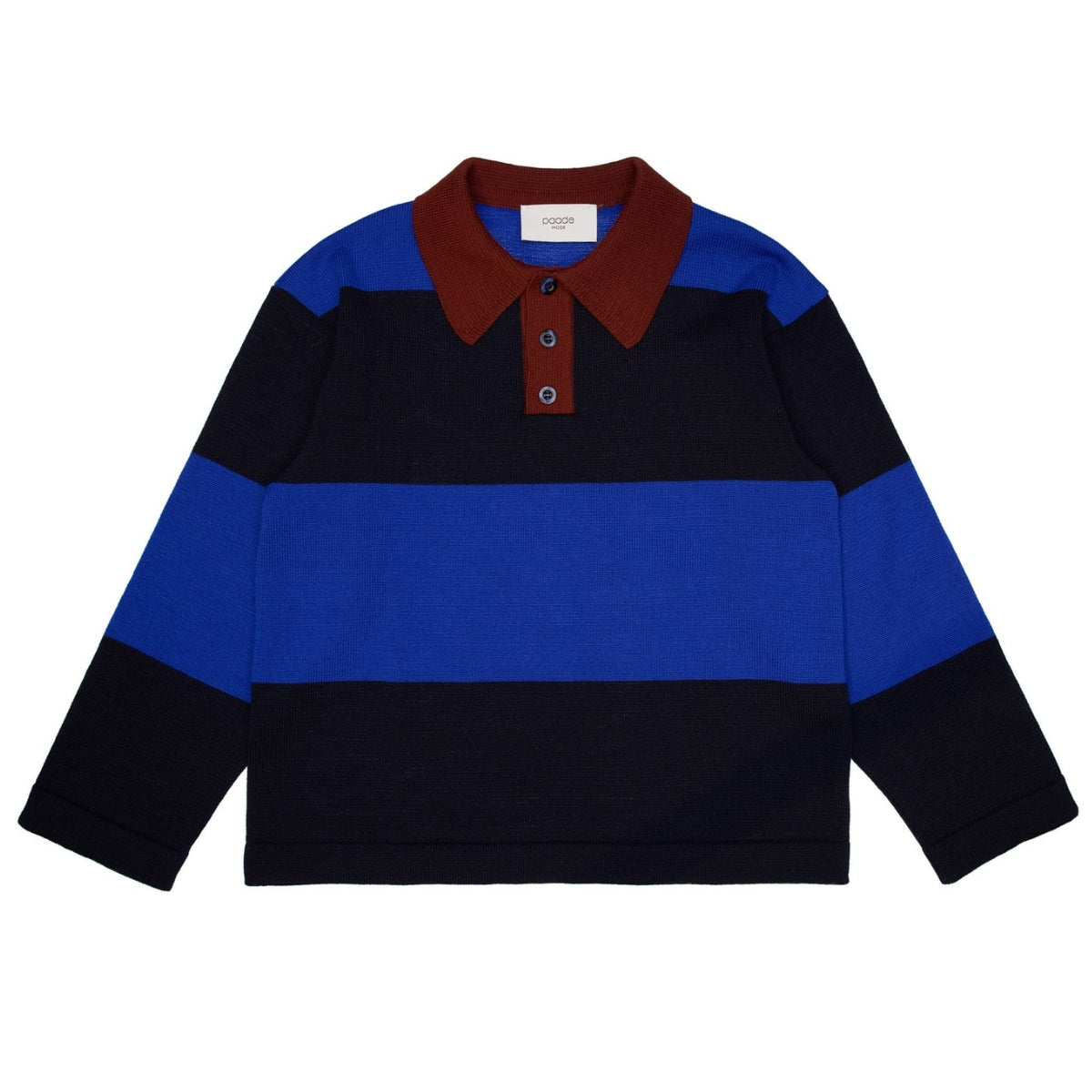 Paade Mode Beau Merino Wool Polo Shirt in blue and navy stripes featuring a chestnut brown polo collar and button placket.