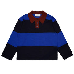 Paade Mode Beau Merino Wool Polo Shirt in blue and navy stripes featuring a chestnut brown polo collar and button placket.